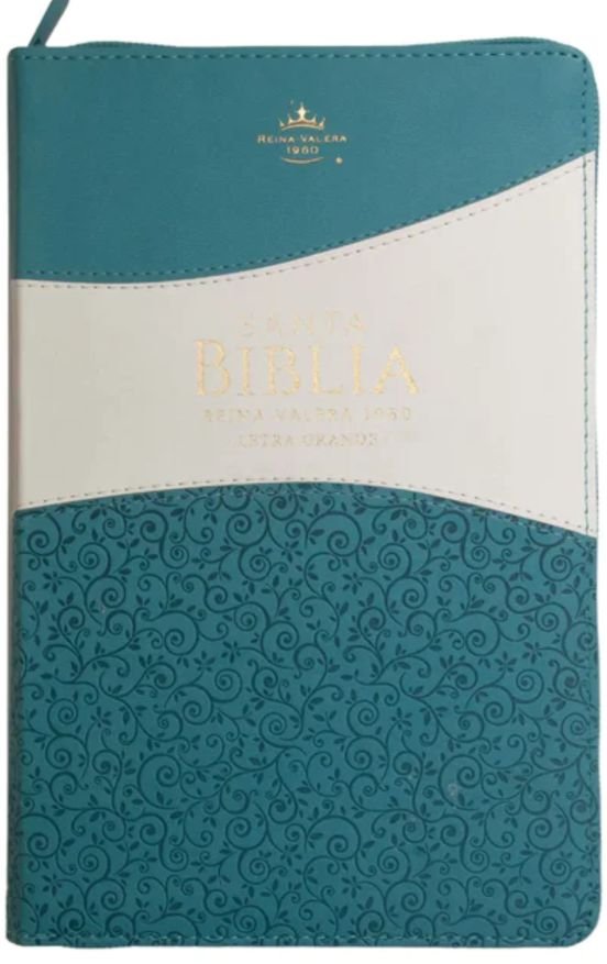 Biblia RVR60 Tamaño Manual Letra Grande imitacion de piel con cierre Turquesa/Blanco