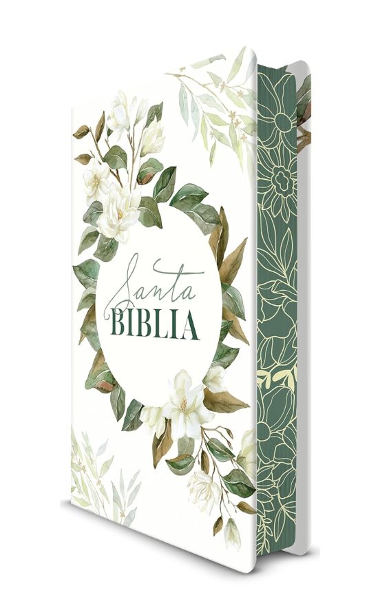 Biblia RVR 1960 letra grande tamaño manual, tapa dura con flores blancas y cantos pintados
